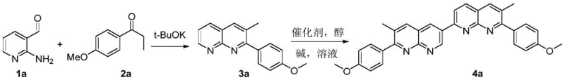 Two-step synthetic route showing condensation to intermediate 3a and oxidative coupling to target product 4a