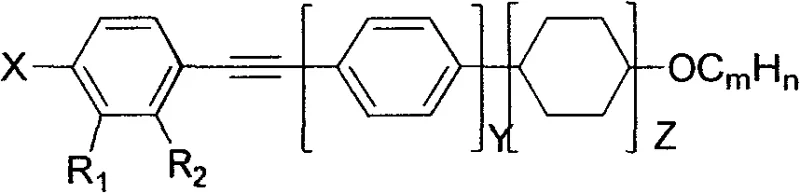 General chemical structure formulas A and B of fluorine-containing azacyclo-alkyne liquid crystal compounds showing variable alkyl chains and heterocyclic cores