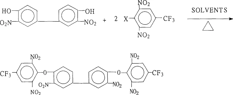 Reaction scheme showing the nucleophilic substitution of 3,3'-dinitro-4,4'-dihydroxybiphenyl with 2,6-dinitro-4-trifluoromethyl halobenzene to form the bis-ether product