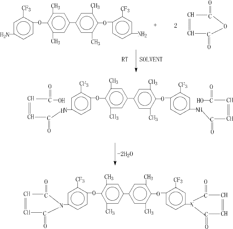 Reaction scheme showing the synthesis of bismaleimide from diamine and maleic anhydride via amic acid intermediate