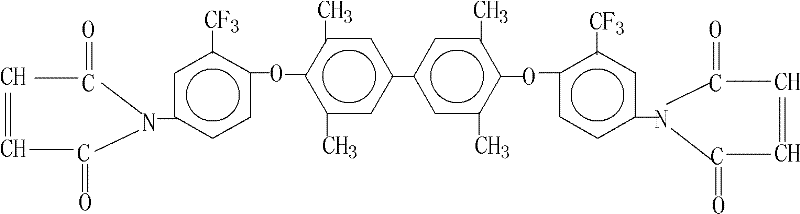 Molecular structure of 3,3',5,5'-tetramethyl-4,4'-bis(4-maleimido-2-trifluoromethylphenoxy)biphenyl showing the fluorinated biphenyl core and maleimide end groups
