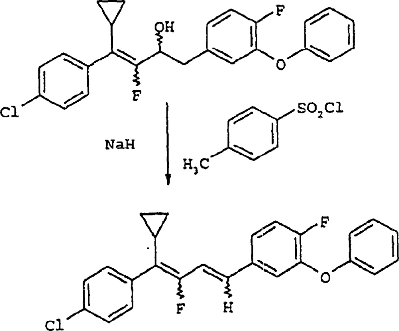 Reaction scheme converting 1,4-diaryl-2-fluoro-1-buten-3-ol to 1,4-diaryl-2-fluoro-1,3-butadiene using NaH and Tosyl Chloride