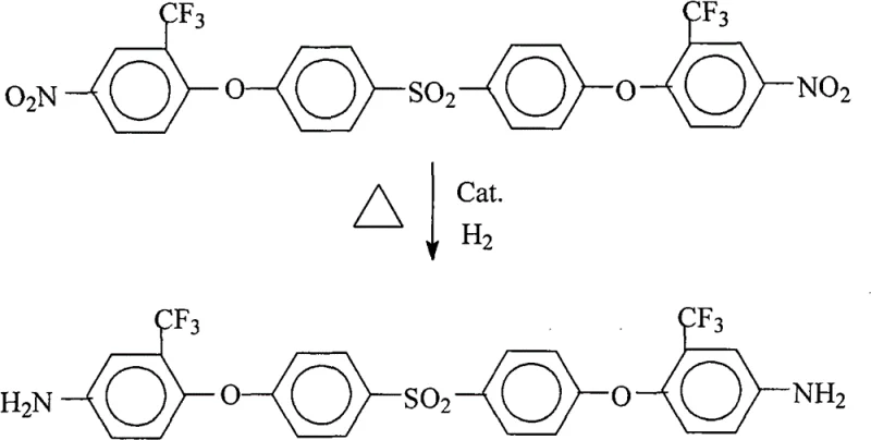 Reaction scheme showing catalytic hydrogenation of dinitro precursor to diamine