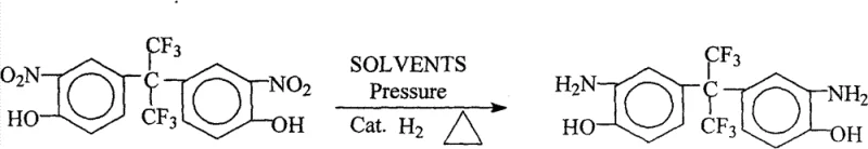 Chemical reaction equation showing the catalytic hydrogenation of 2,2-bis(3-nitro-4-hydroxyphenyl)hexafluoropropane to 2,2-bis(3-amino-4-hydroxyphenyl)hexafluoropropane using H2 and catalyst