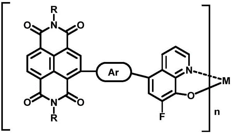 General chemical structure of fluorinated hydroxyquinoline-based metal-organic small molecule complexes bridged with aromatic groups