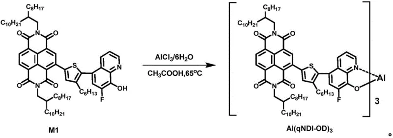 Metal coordination reaction converting organic ligand M1 into the final Aluminum complex Al(qNDI-OD)3