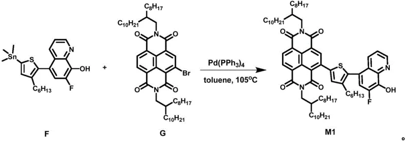 Stille coupling reaction scheme for synthesizing the organic ligand intermediate M1