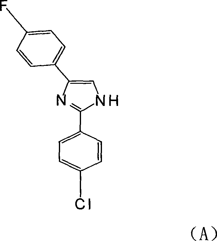 Chemical structure of 2-(4'-chlorophenyl)-4-(4'-fluorophenyl)imidazole showing the fluorine and chlorine substitution pattern