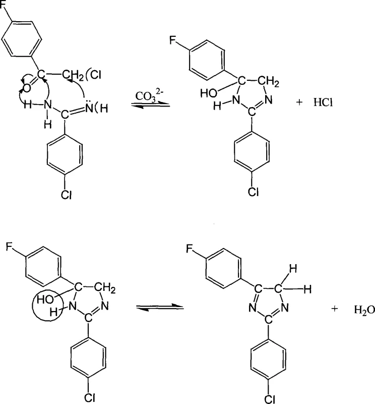 Mechanism step 1 showing the initial nucleophilic attack and cyclization intermediate formation