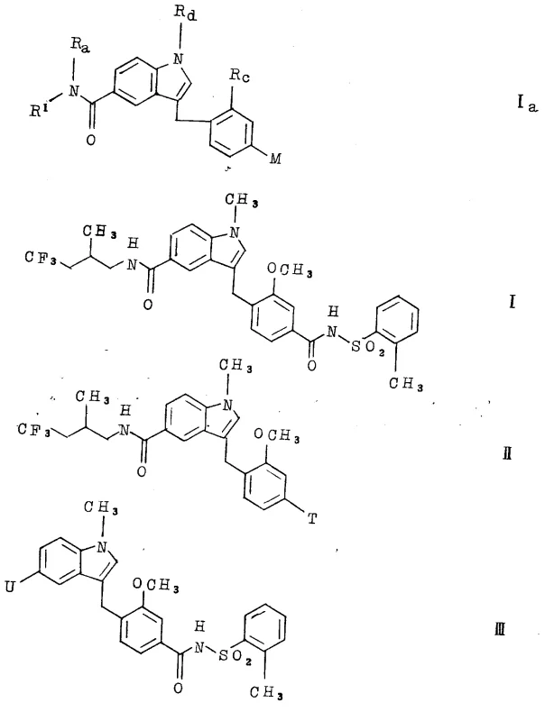 Chemical structures of Formula I carbamoyl derivatives and specific leukotriene antagonist examples
