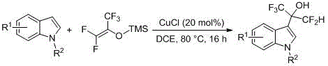 General reaction scheme showing copper-catalyzed synthesis of fluorinated indole alcohol from indole and pentafluoropropenyloxytrimethylsilane