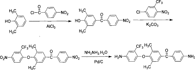Three-step reaction scheme for fluorinated diamine synthesis involving acylation substitution and reduction