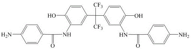 Chemical structure of 2,2-bis[3-(4-aminobenzamido)-4-hydroxyphenyl]hexafluoropropane showing the central hexafluoroisopropylidene bridge and terminal amine groups