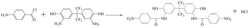 Reaction scheme showing the acylation of the diamine precursor with p-nitrobenzoyl chloride to form the dinitro intermediate