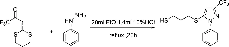 Reaction scheme showing the synthesis of 1-phenyl-3-trifluoromethyl-5-(3-mercaptopropylthio)pyrazole from fluorinated dithioacetal and phenylhydrazine