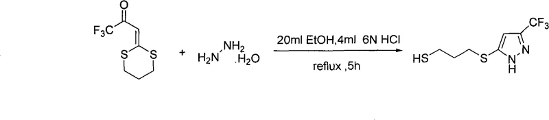 General reaction scheme for synthesizing unsubstituted 3-trifluoromethyl-5-(3-mercaptopropylthio)pyrazole using hydrazine hydrate