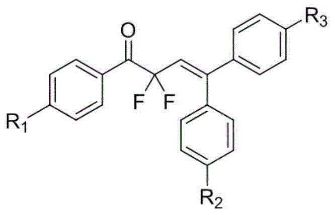 General chemical structure Formula (I) of the fluorine-containing 1,1-stilbene derivatives