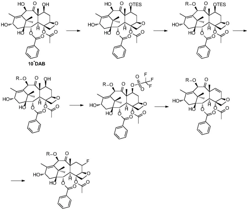 Synthesis route of the fluorinated taxane core starting from 10-DAB
