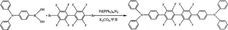 Reaction scheme for synthesizing N,N,N',N'-tetraphenyl-octafluoro-p-quaterphenyl-diamine via Suzuki coupling