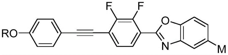 General chemical structure of fluorine substituted benzoxazole liquid crystal compound showing variable R and M groups