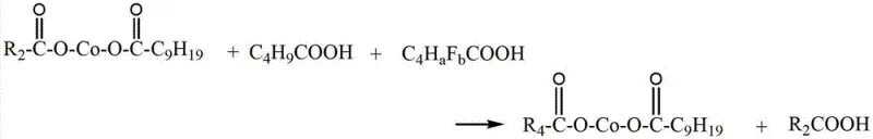 Ligand exchange reaction where pivalic acid and fluorinated valeric acid displace propionic acid derivatives