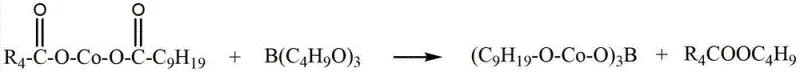 Chemical reaction scheme showing the boroacylation of fluorinated cobalt neodecanoate with butyl borate to form the final mixed salt product