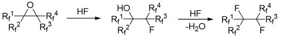 Reaction mechanism showing ring-opening of fluorinated epoxide followed by dehydration and fluorination