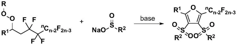 Reaction mechanism showing coupling between polyfluorinated peroxygen compound and organic sulfinate under base promotion