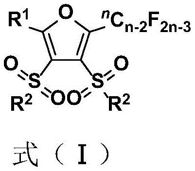 General chemical structure of fluoroalkyl-substituted furan compounds showing variable R groups