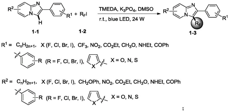 Reaction scheme showing photocatalytic coupling of imidazo pyridine with polyfluoroalkyl iodide
