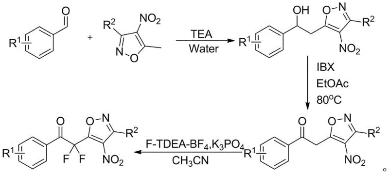 Complete three-step synthesis route from aldehyde and isoxazole to final difluoro product