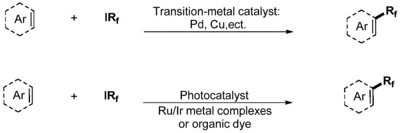 Comparison of traditional transition-metal catalyzed fluoroalkylation versus the novel acetone-induced photocatalytic method