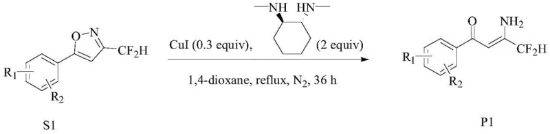 Copper-catalyzed ring opening of isoxazole to form beta-amino ketoene intermediate
