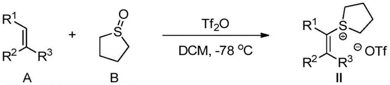 Synthesis of alkenyl sulfonium salt II from olefin A and sulfolane B using Tf2O