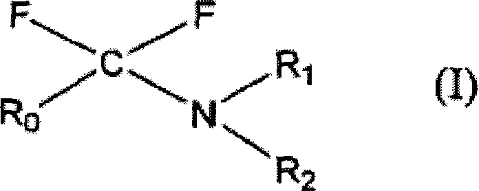 General Formula I showing the structure of the fluoroamine with perfluoroalkyl substituents