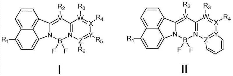 General chemical structures of Formula I and II showing the core fluoroboron dye scaffold with variable substituents R1-R6