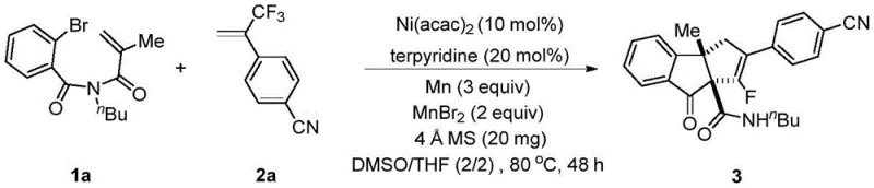 Specific example reaction of 2-bromo-N-butyl-N-methacryloylbenzamide with trifluoromethyl olefin to form product 3