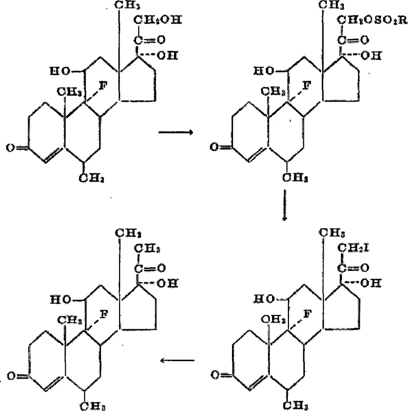 Traditional Upjohn synthetic route for fluorometholone showing complex multi-step fermentation and chemical modification