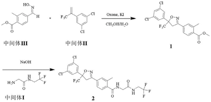 Conventional multi-step synthesis route for Fluralaner intermediates showing low yield and complex purification