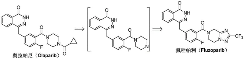 Chemical structure comparison between Olaparib and Fluzoparib showing the trifluoromethyl-triazole modification