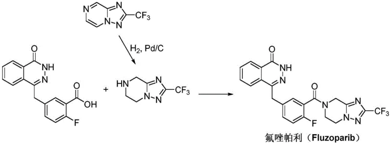 Conventional synthetic route for Fluzoparib involving Pd/C hydrogenation and amidation