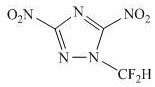 Chemical structure of 1-difluoromethyl-3,5-dinitro-1,2,4-triazole (FMNTZ) showing the difluoromethyl and dinitro substituents on the triazole ring