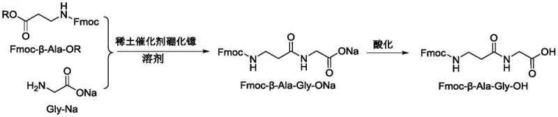 Reaction scheme showing the catalytic coupling of Fmoc-beta-Ala-OR with Gly-Na to form Fmoc-beta-Ala-Gly-OH