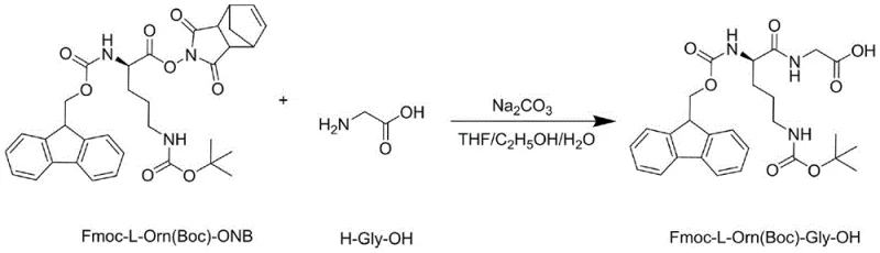 Reaction scheme depicting the coupling of the active ester intermediate with glycine in a THF/Ethanol/Water system to yield Fmoc-L-Orn(Boc)-Gly-OH