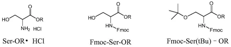 Reaction scheme showing the conversion of Ser-OR to Fmoc-Ser-OR and finally to Fmoc-Ser(tBu)-OR