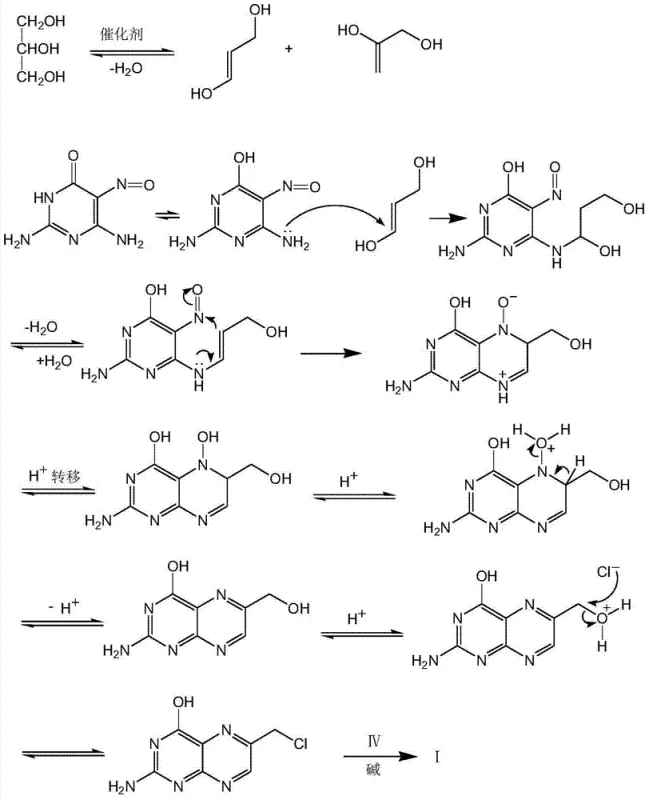 Reaction mechanism showing glycerol dehydration and cyclization with pyrimidine derivative