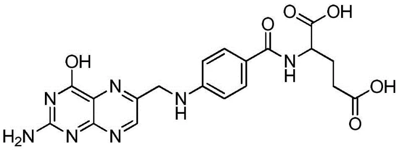 Chemical structure of Folic Acid (Vitamin B9) showing the pteridine ring, p-aminobenzoic acid moiety, and glutamic acid tail