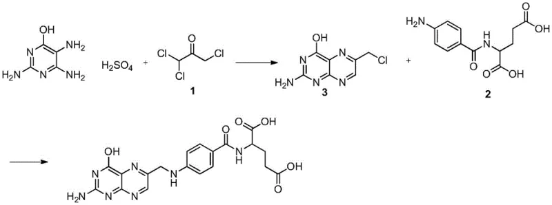 Traditional multi-step synthesis route for Folic Acid involving hazardous trichloroacetone and nitro-reduction steps