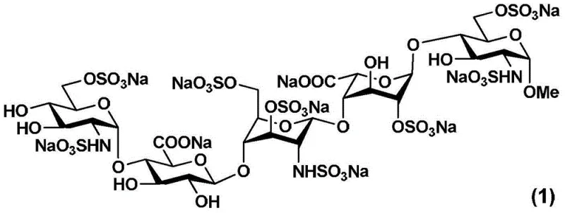 Chemical structure of Fondaparinux sodium showing the pentasaccharide backbone with sulfate and carboxylate groups