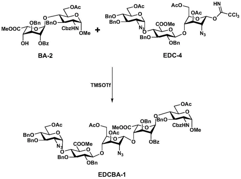 Final 3+2 coupling reaction between trisaccharide EDC-4 and disaccharide BA-2 to form pentasaccharide EDCBA-1